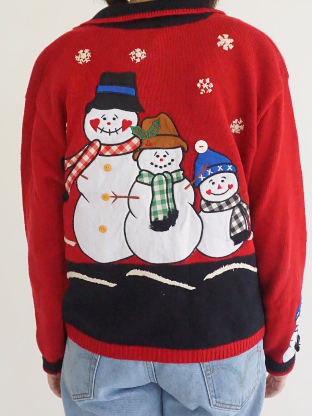 Vintage Jason Maxwell Red Black Snowman Scarf Ugly Christmas Knit Cardigan M